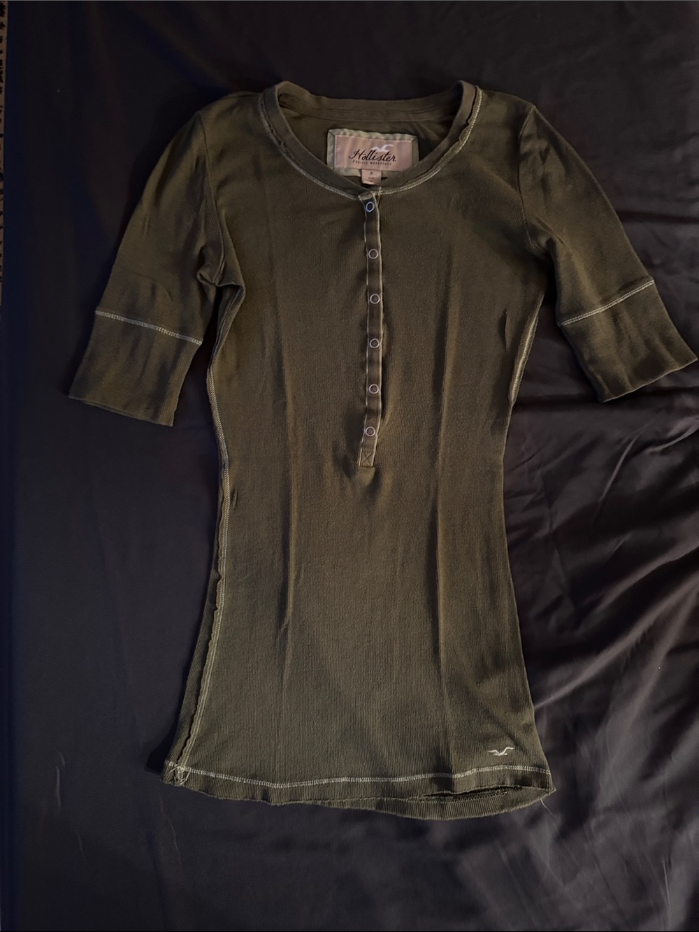Hollister Olive Ribbed Button-Front Short Sleeve Top
